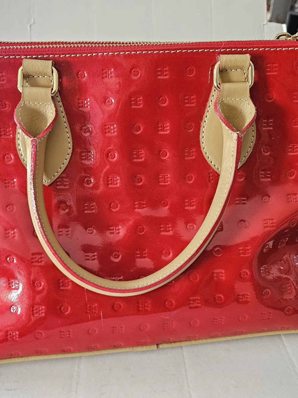 Arcadia Red Patent Tote Bag with Tan Handles